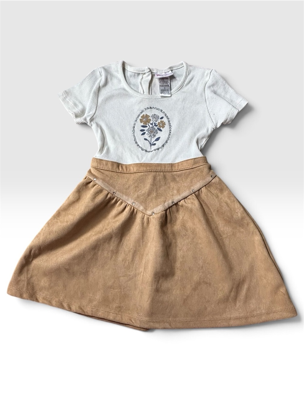 Little Lass Floral Ribbed Top Tan Suede Skater Dress